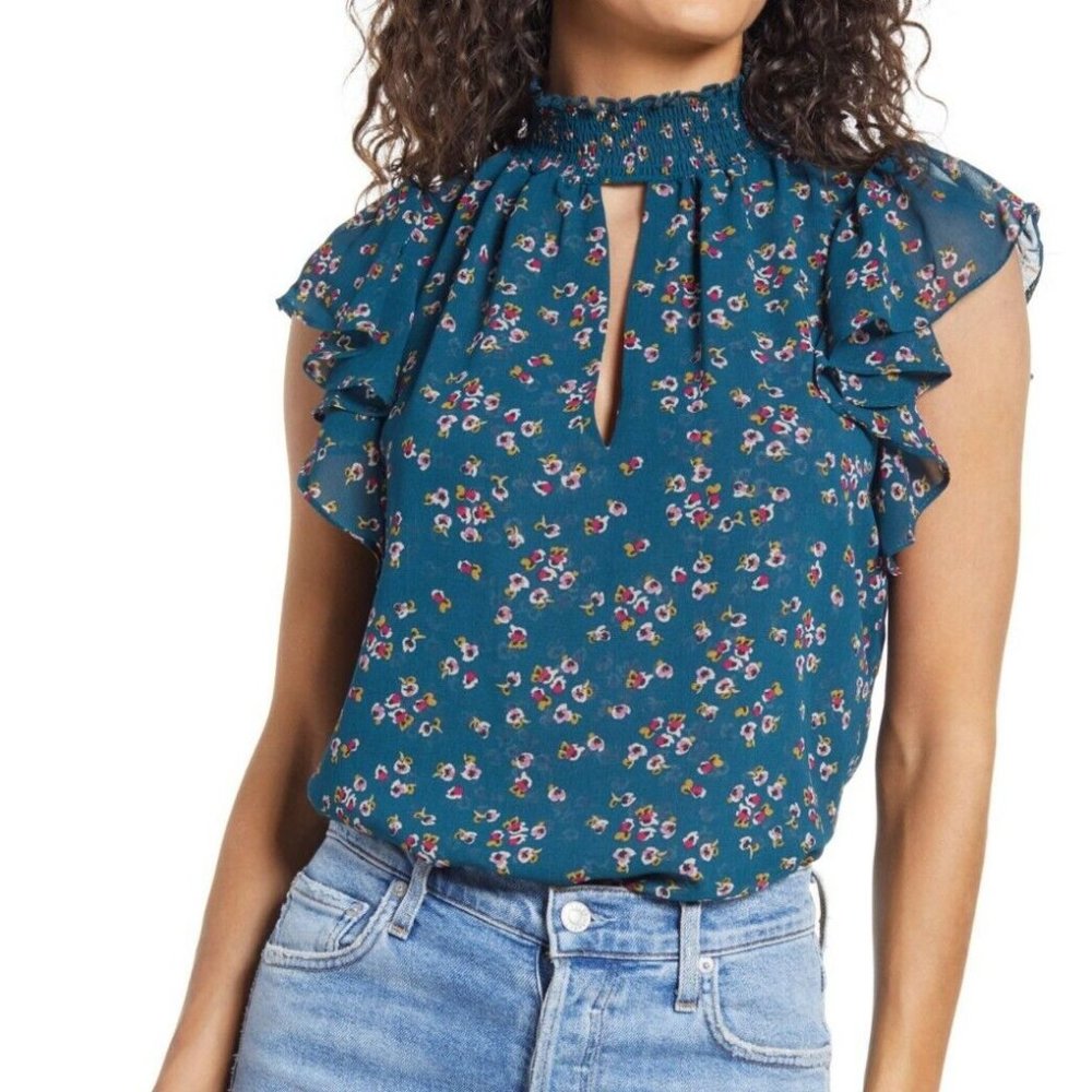 New! 1. STATE Blouse Top 2X Plus Green Teal Floral Flutter Sleeve Keyhole